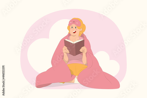 Young girl read hold book novel diary sit wrap cover under blanket duvet concept