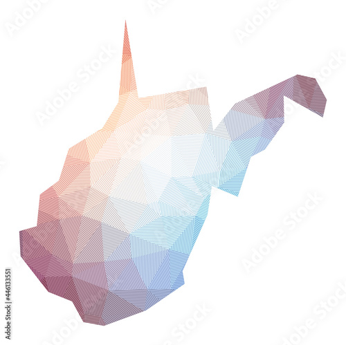 Low poly illustration of the US state of West Virginia. Geometric design with stripes. Technology, internet, network concept. Vector illustration.