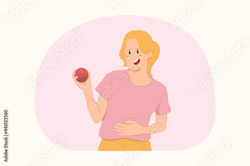 Young hungry girl hold apple fruit concept