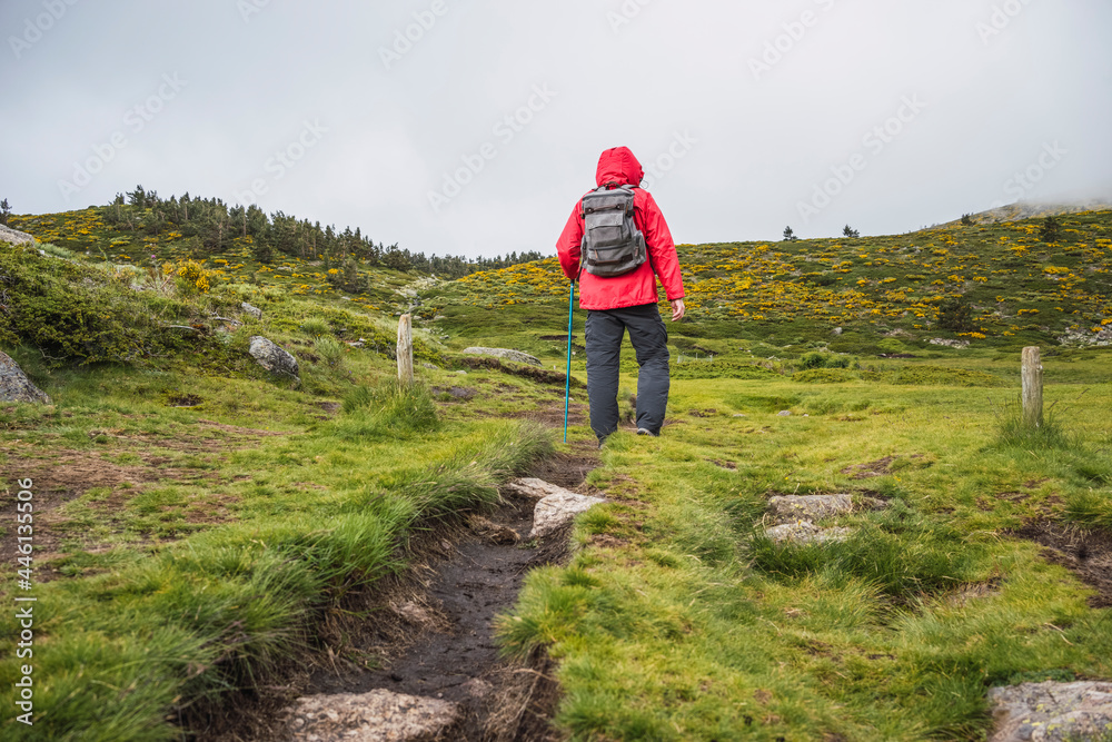 person trekking through the countryside on a cloudy day