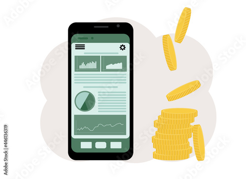 The concept of online gaming on the stock exchange. Phone with graphs and a bunch of coins next to it