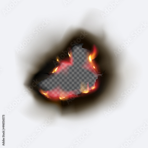 Realistic Burnt hole in paper with fire and black ash.