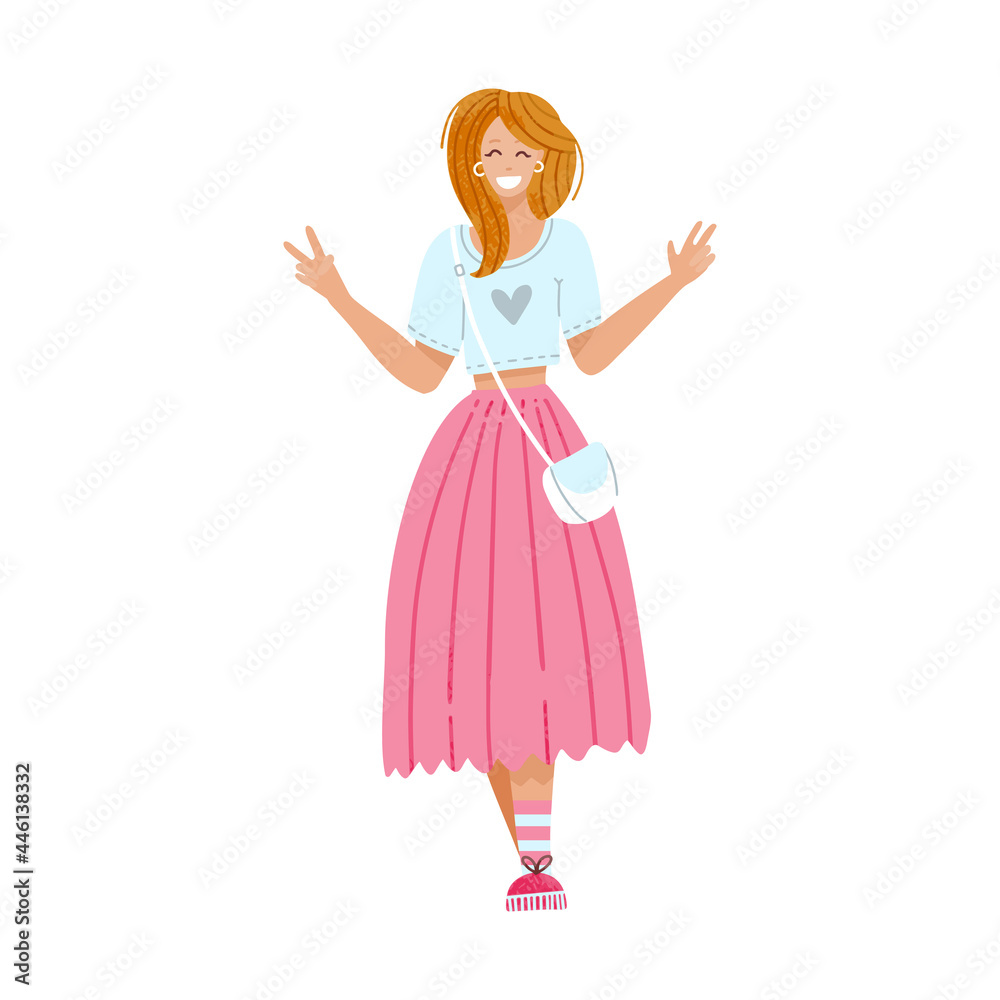 Fashionable girl in pink skirt showing a hand gesture of the victory sign. Isolated hand drawn flat vector illustration Fashionable girl in pink skirt showing a hand gesture of the victory sign. Isolated hand drawn flat vector illustration