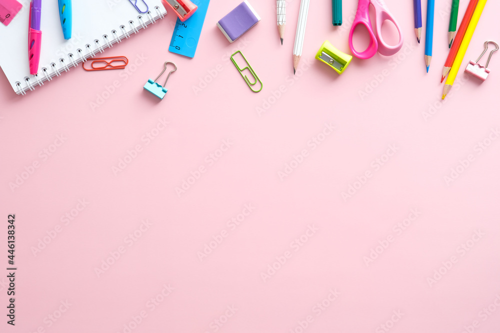 A Flat Lay Of School Supplies Of Pink And White Colors On A Pink Background  Suitable For School Or Office Girls . Stock Photo, Picture and Royalty Free  Image. Image 84201690.