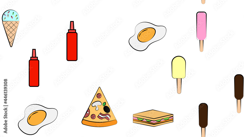 Endless white seamless pattern of delicious food and snack items icons set for restaurant bar cafe: ice cream, pizza, egg, ketchup, sandwich. The background Endless white seamless pattern of delicious food and snack items icons set for restaurant bar cafe: ice cream, pizza, egg, ketchup, sandwich. The background