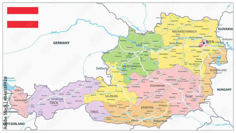 Obraz premium Austria Administrative Map and Roads