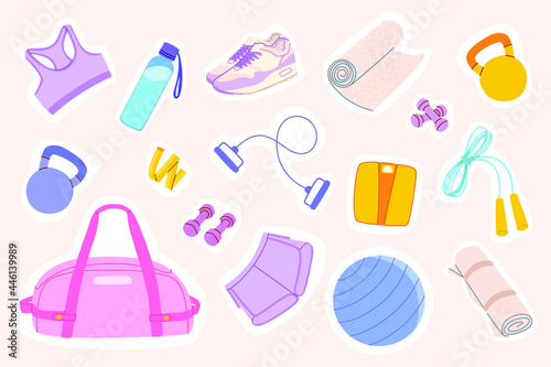 A large colorful flat vector cartoon sports set consisting of shorts, a top, a dumbbell, a kettlebell, a mat, a jump rope, a fit ball, scales, a bag, etc.