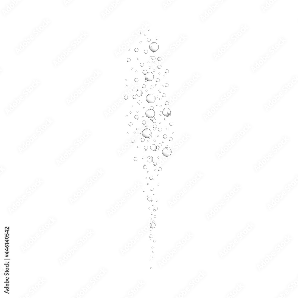 Oxygen bubbles in fizzy drink, carbonated water, seltzer, soda, cola, lemonade, sparkling wine. Underwater air stream rising up in sea or aquarium. Vector realistic illustration.
