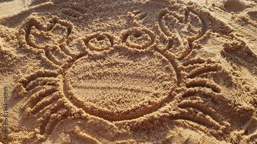 Manual creation of a cartoon of a crab in the sand on the beach. coast line
