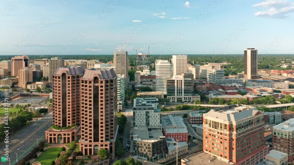 Aerial view of Richmond, VA skyline with slow approach towards the Virginia State Capitol. Richmond is the capital city of the Commonwealth of Virginia in the United States