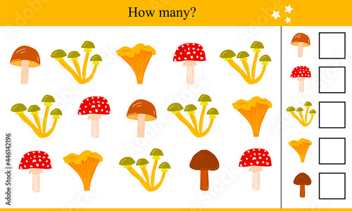 How many mushrooms? Educational game for children. Autumn vector illustration