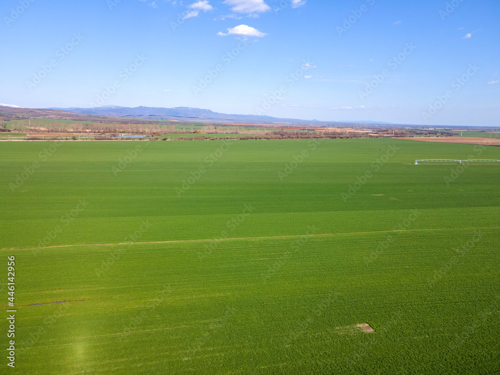 Obraz premium Aerial Spring landscape of Rural Land near town of Hisarya, Bulgaria
