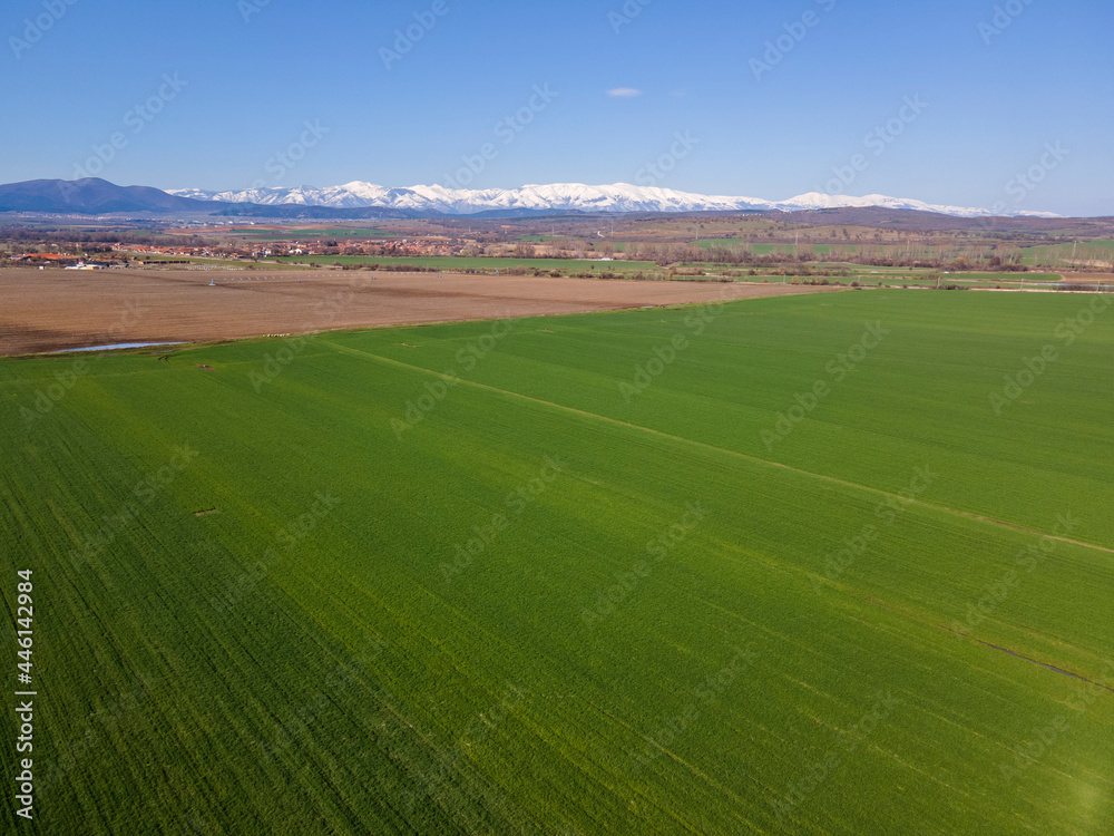 Fototapeta premium Aerial Spring landscape of Rural Land near town of Hisarya, Bulgaria