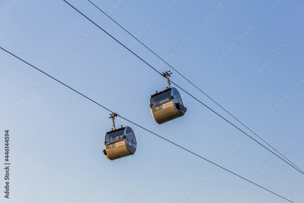 Cabins of the first city cable car connecting the two banks of the Moskva River. The route is 720 meters long. Moscow, Russia