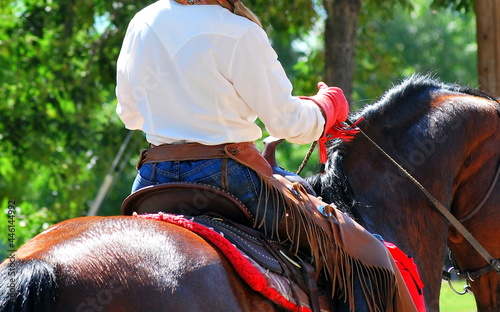 Female riding horse outdoors.