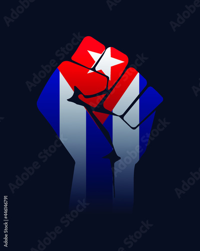 Free Cuba,  modern creative minimalist banner, design concept, social media post, template with resistance power fist with a Cuban flag on a dark blue  background 