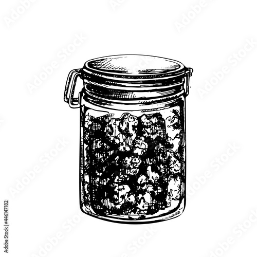 Glass jar with marijuana buds. Vintage vector hatching illustration