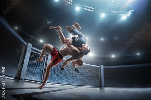 MMA fighting. Side Slam. Two fighters are fighting in the octagon. Sport concept.. 3D