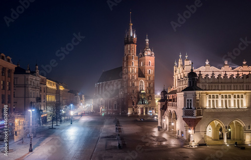 Main Square in Krakow at night, view on Saint Mary's Basilica, Poland