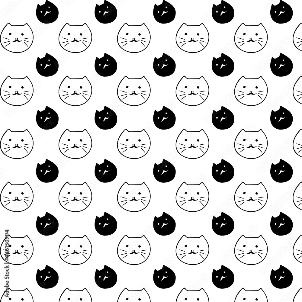 Vector pattern with the image of the heads of Maneki Neko, Japanese lucky cat. Black and white on a white background. Minimalism, hand drawing, doodle Vector pattern with the image of the heads of Maneki Neko, Japanese lucky cat. Black and white on a white background. Minimalism, hand drawing, doodle