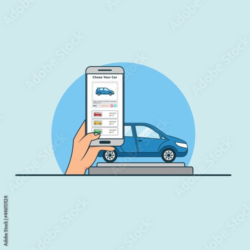 Illustration for buy online car with smartphone concept. Design vector with flat style