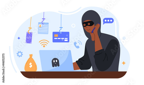 Online crime concept. A masked fraudster calls his victim on the phone and asks for banking information. The criminal steals money. Cartoon flat vector illustration isolated on a white background