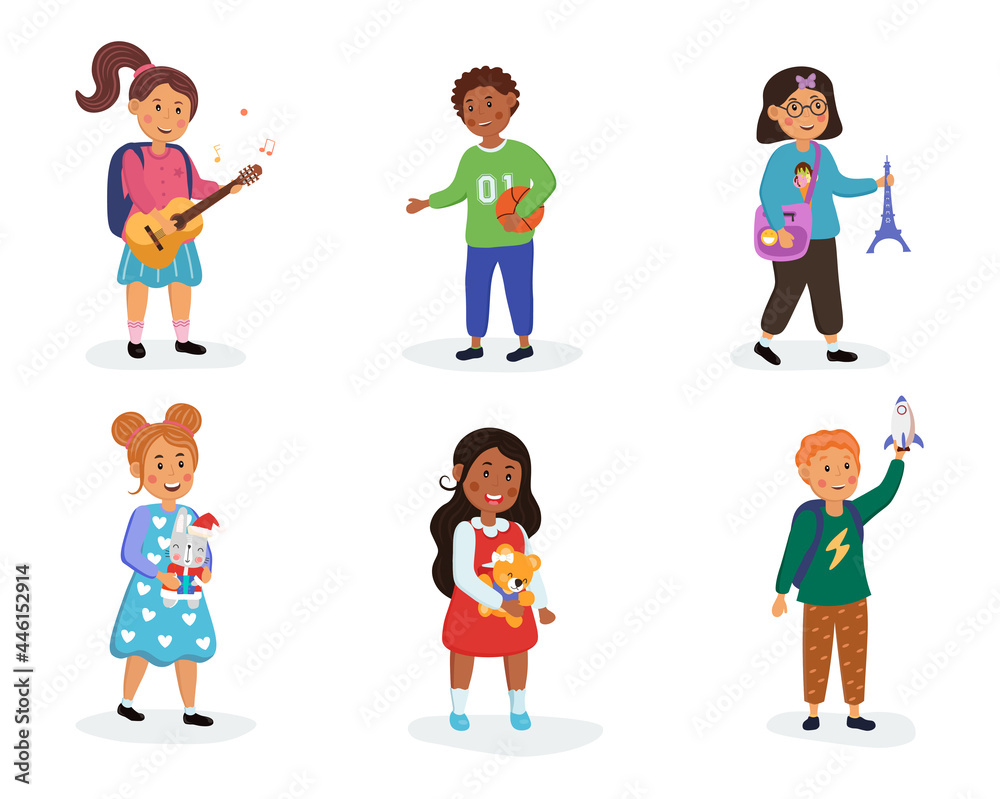 Kids in kindergarten play with their favorite toys. Boys and girls with a guitar, a rocket, a ball, a teddy bear. Happy children. Cartoon modern flat vector set isolated on a white background