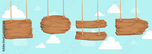 Wood board on rope vector. Decorative signs on the sky background.Illustration of wooden banners.
