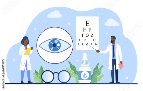 Ophthalmology concept. The doctor checks the patient s vision using a table with letters. Eye treatment and selection of glasses. Cartoon flat vector illustration isolated on a white background