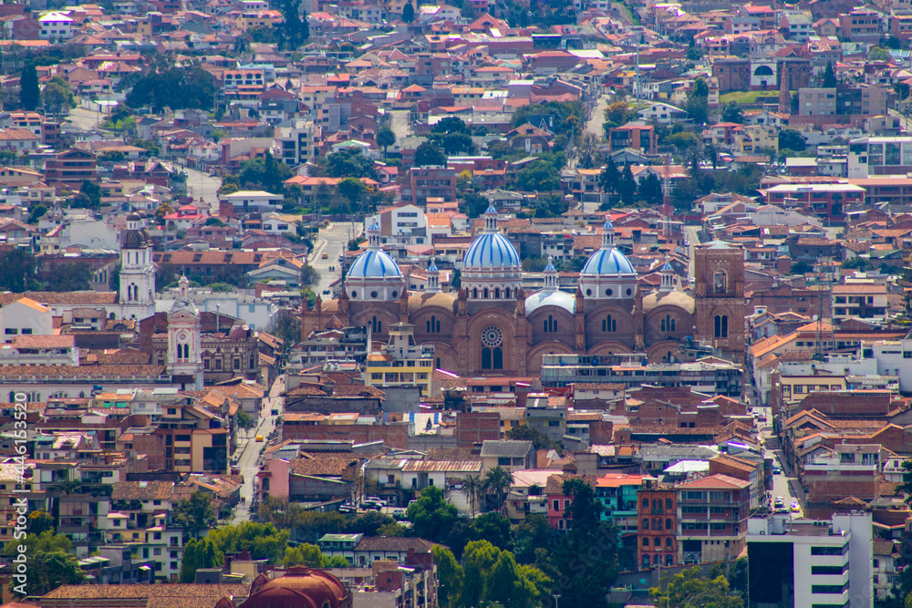 Cuenca city in Ecuador. In highlight, the Cathedral of Cuenca or Cathedral of the Immaculate Conception of Cuenca.