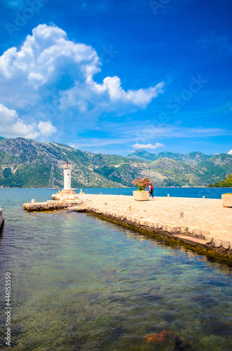 Beautiful mediterranean landscape. Our Lady of the Rock Island near town Perast, Kotor bay, Montenegro.