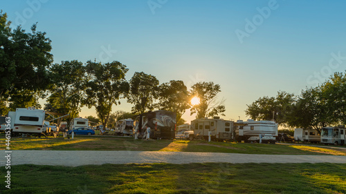 Camping in a Rv at a resort at sunset