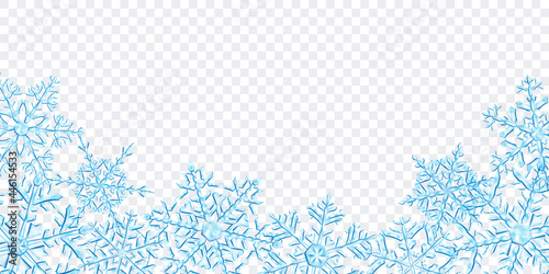 Illustration of big complex translucent Christmas snowflakes in light blue colors, located below, isolated on transparent background. Transparency only in vector format