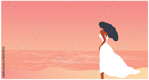 Woman in white dress looking at the sea vector illustration. Loneliness, sadness and depression concept