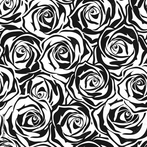 Vector black and white seamless pattern with rose silhouettes.