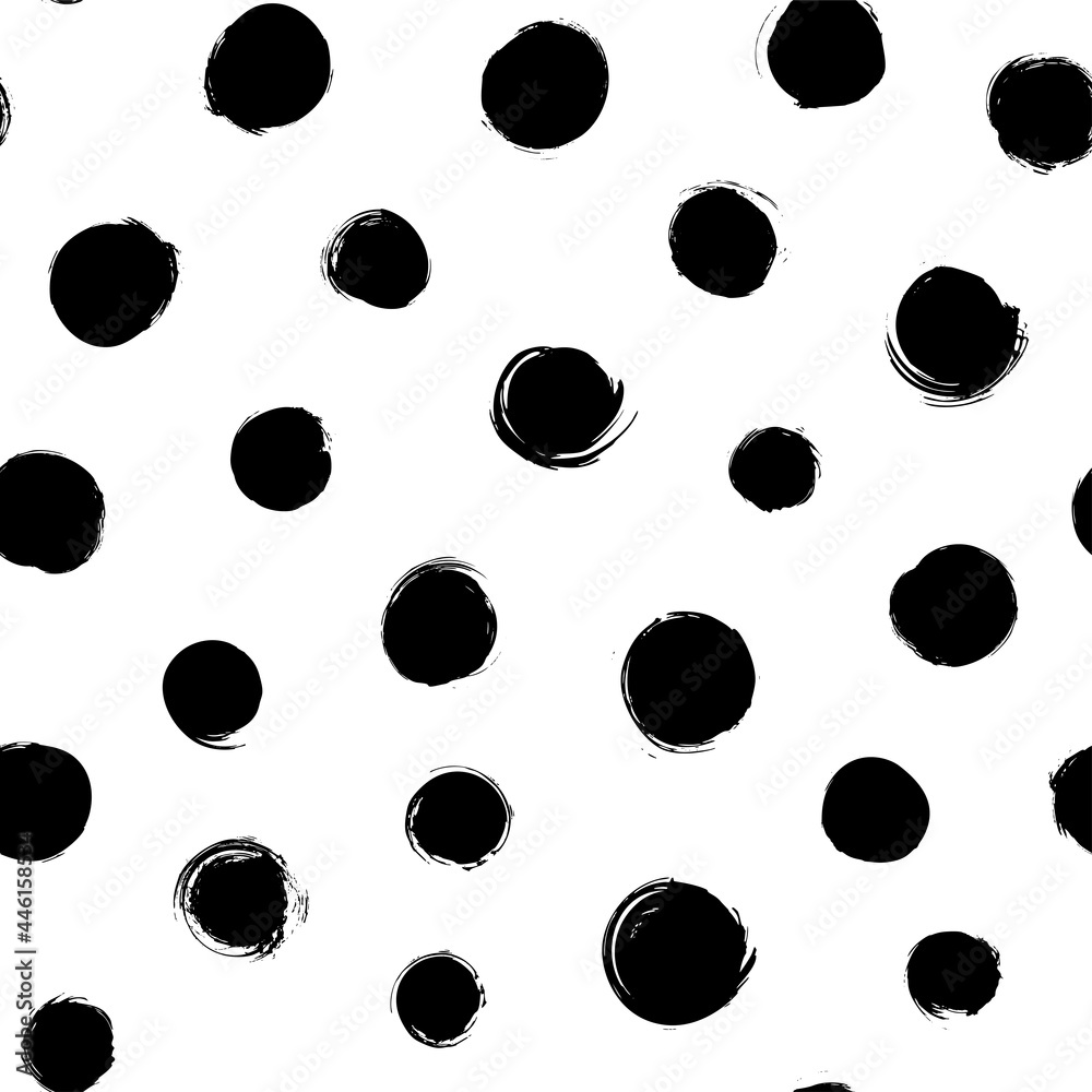 Circle brushstrokes and rounded shapes vector seamless pattern. Polka dot grunge ornament. Hand drawn abstract ink background. Smears, circles, dots, splotches, blobs. Wallpaper design, textile print
