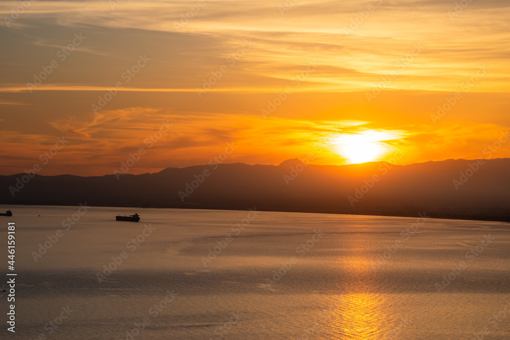 Fototapeta premium Aerial view of Kalamata city, Greece at sunset. Kalamata is one of the most beautiful cities in Greece and a popular tourist destination