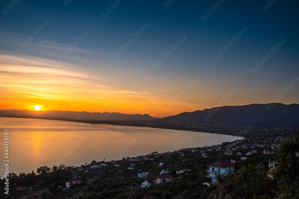 Aerial view of Kalamata city, Greece at sunset. Kalamata is one of the most beautiful cities in Greece and a popular tourist destination Aerial view of Kalamata city, Greece at sunset. Kalamata is one of the most beautiful cities in Greece and a popular tourist destination
