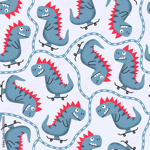 Seamless pattern with funny cheerful cartoon t-rex riding skateboard on light background