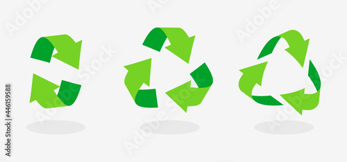 Eco friendly green triangular recycling symbol. Rotate circle arrows icons. Rotation, infographics element for website, apps. Logo for using recycled resources. Isolated on white vector illustration