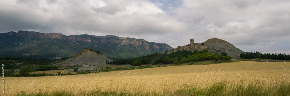 Fototapeta premium Old castle on a hill in countryside with wheat fields in foreground and mountains in background, Spain