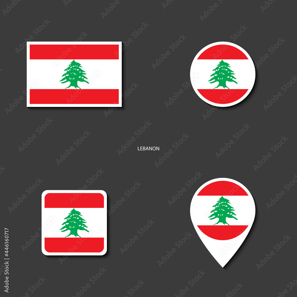 Lebanon flag icon set in different shape (rectangle, circle, square and marker icon) on dark grey background. Lebanon flag icon collection on barely dark background. Lebanon flag icon set in different shape (rectangle, circle, square and marker icon) on dark grey background. Lebanon flag icon collection on barely dark background.