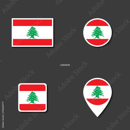 Lebanon flag icon set in different shape (rectangle, circle, square and marker icon) on dark grey background. Lebanon flag icon collection on barely dark background.