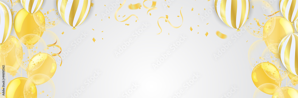 Gold balloons and Celebration background template with confetti and gold ribbons. luxury