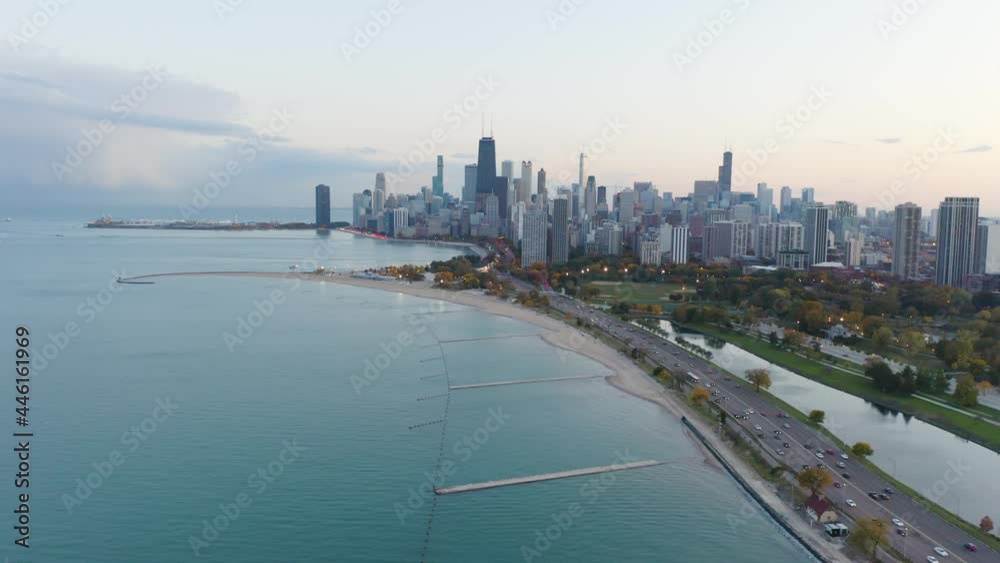 Aerial Shot of Lake Michigan and Chicago Cityscape - Colorful Autumn Sunset Aerial Shot of Lake Michigan and Chicago Cityscape - Colorful Autumn Sunset