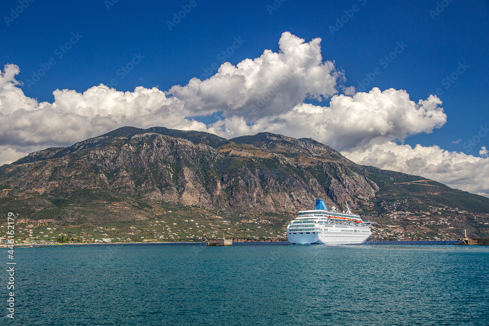Modern Cruise ship leaving the port of Kalamata city, Messenia, Greece.
