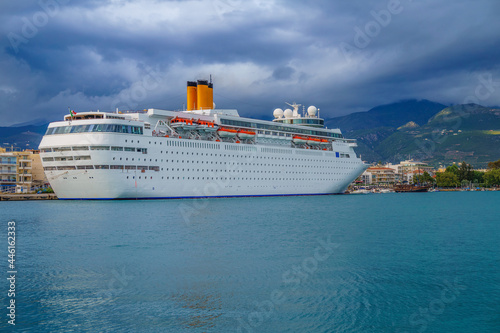 Modern Cruise ship anchored in the port of Kalamata city, Messenia, Greece
