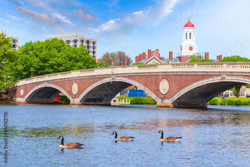 Canvas Vintage Bridge with clock tower over Charles River near Harvard University campu