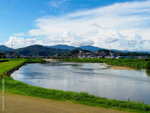 青空が広がる大和川と河川敷の風景