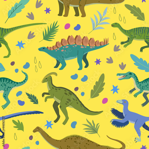 Seamless pattern with cartoon doodle dinosaurs and nature elements, rocks, leaves and stars. Adorable children design. © Yuliya